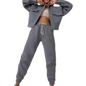 Комплект из двух предметов Женский, однотонный теплый пиджак с длинным рукавом, с отложным воротником и брюки