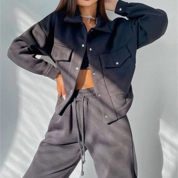 Комплект из двух предметов Женский, однотонный теплый пиджак с длинным рукавом, с отложным воротником и брюки